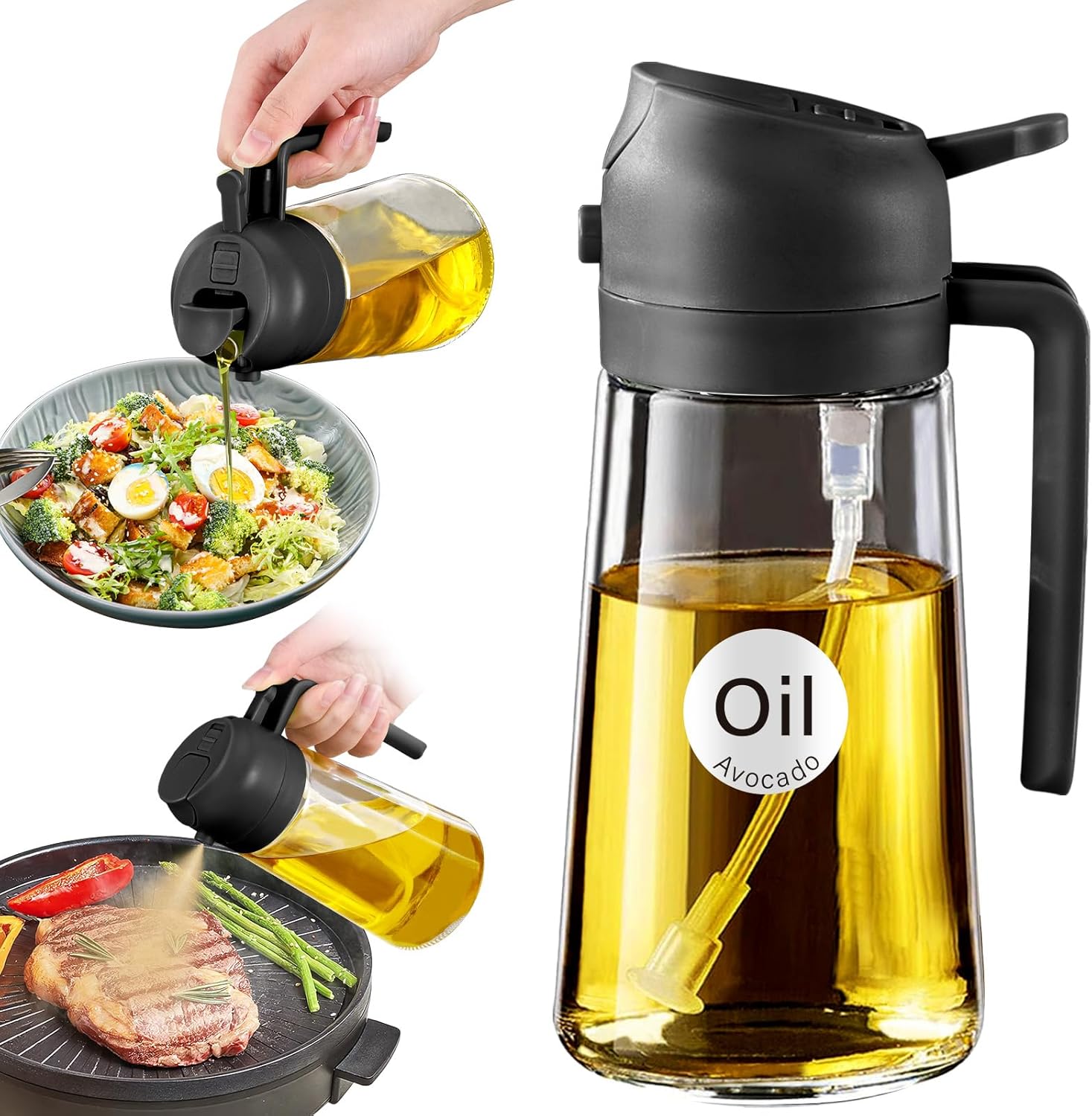 Oil Spray Bottle YARRAMATE 16oz/470ml Glass Olive Oil Sprayer for Cooking with Stickers, 2 in 1 Oil Dispenser for Kitchen Gadgets, Food Grade Premium Spray Bottle with Portion Control for Salad, Frying, BBQ (Black) - Image 1